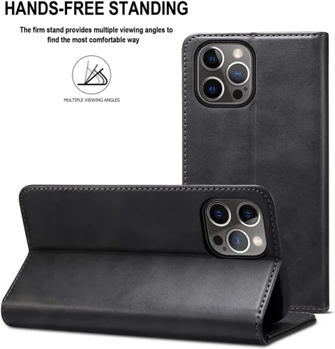 Vista 4 de SINIANL Funda tipo cartera para iPhone 12/12 Pro con tarjetero, funda plegable de cuero con función atril y cierre magnético para 6.1 pulgadas, Negro