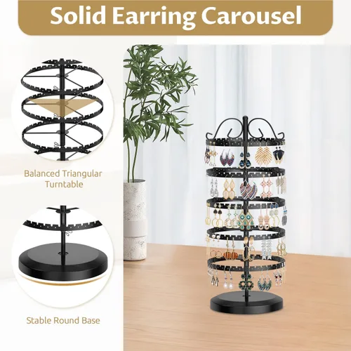 Vista 4 de LASZOLA Soporte organizador de aretes negro de 5 niveles, árbol para mujer, almacenamiento para tachuelas y aro, soporte de clip giratorio grande