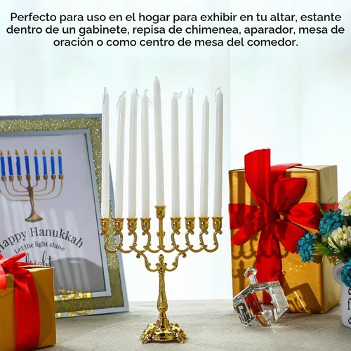 Vista 3 de YU FENG 7" 9 Branch Hanukkah Menorah, Gold Plated Candle Holder Menorá judía para Janucá, portavelas de Shabat, decoración tradicional navideña Oro