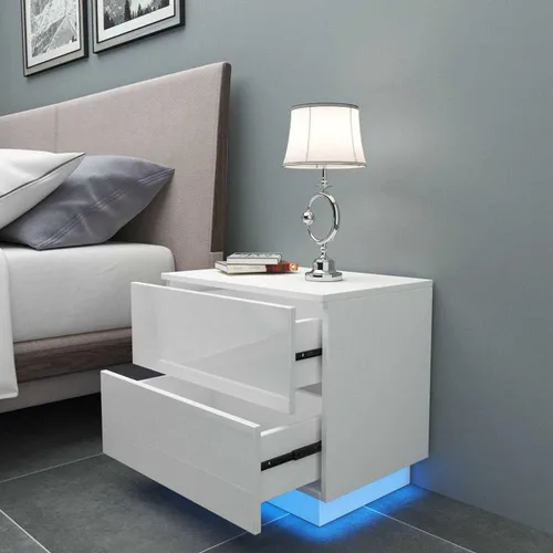 Vista 2 de Mesita de noche moderna con LED, mesa auxiliar de 2 cajones (color dorado)