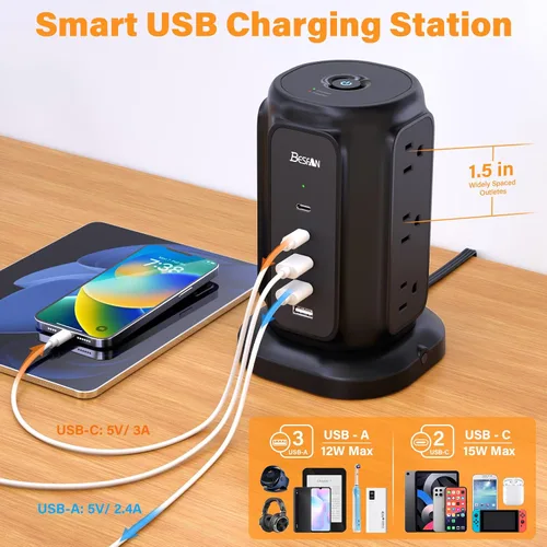 Vista 4 de Regleta de enchufe plano ultradelgada de 6.5 pies 9 Outlets and 5 USB Ports (2 USB C), 1200J Surge Protector, Ultra Thin Extension Cord, 45°