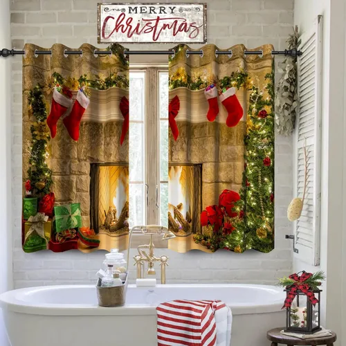 Vista 4 de Cortinas con adornos de Navidad impresos, cortinas para ventana de chimenea, calcetines de Navidad, árboles de Navidad, regalos, paneles opacos