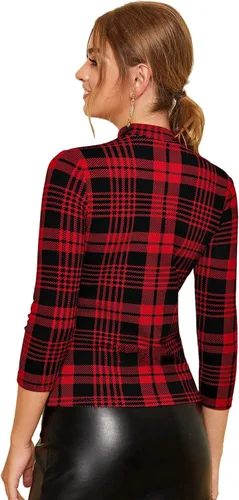 Vista 2 de Romwe Blusa casual de trabajo con cuello alto a cuadros para mujer