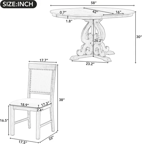 Vista 6 de Juego de mesa de comedor extensible de 5 piezas, juego de comedor funcional retro con 1 mesa extensible con una hoja de 16 pulgadas y 4 sillas