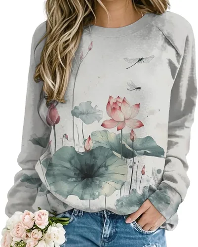 Vista 4 de ZOCANIA Sudaderas para mujer, sin capucha, manga larga, cuello redondo, estampado floral, ajuste holgado