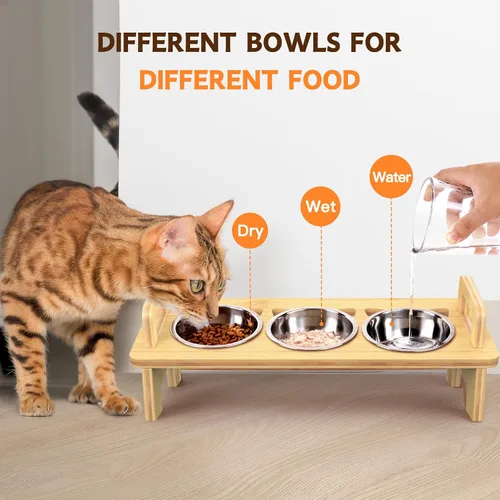 Vista 11 de Tazón Elevado de Comida para Gatos, 3 Cuencos Elevados de Acero Inoxidable para Gatos con Soporte, Cuenco Inclinado 15° para Perros Pequeños