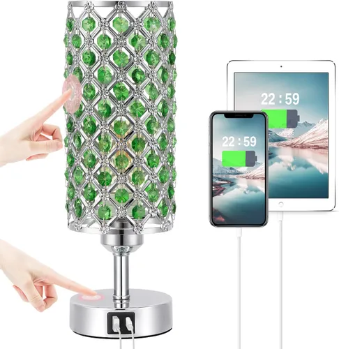 Vista 17 de Lámpara de mesa de cristal, lámpara dorada para dormitorio con puertos de carga USB-C y USB-A, luz regulable de 3 vías con pantalla de cristal