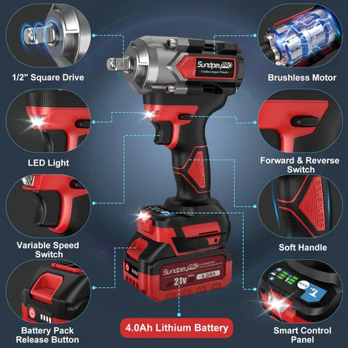 Vista 7 de Llave de Impacto Inalámbrica de 750 pies-libras, pistola de impacto de potencia de 1000 N·m, 1/2 pulgada, 21 V, 2600 RPM, Llave de Impacto eléctrica