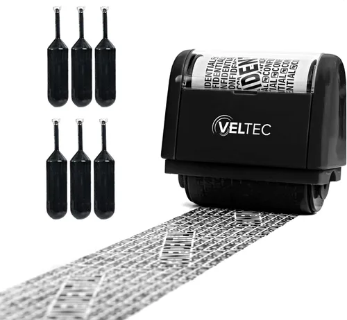 Vista 11 de Veltec Rodillo de tinta protector de identificación - Juego de sellos de rodillo de protección contra robo de identidad (negro, sello + 3 recambios)