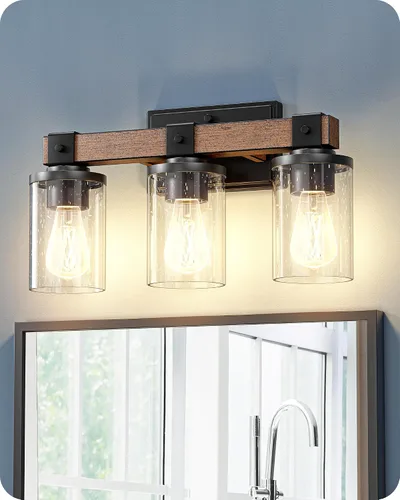Vista 12 de EDISHINE - Apliques de pared de madera pintada de 2 luces, lámpara de tocador de granja Clear Glass Shade, Up & Down Mounting Optional, E26 Base