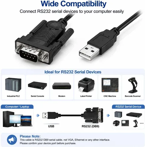 Vista 4 de Cable serie USB a DB9 RS232 de 6 pies, chipset FTDI adaptador serie USB para consola de red, Plug & Play para Cisco, Ubiquiti, Fortinet, compatible