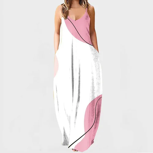 Vista 4 de Vestido largo de verano para mujer, cuello redondo, estampado floral, tirantes delgados, bohemio, sin mangas, para la playa, vestido casual de verano