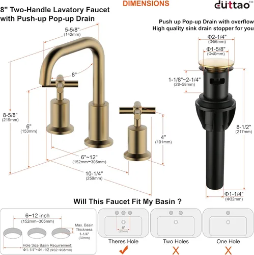 Vista 5 de Grifo de baño generalizado de dos manijas, grifos de baño para fregadero de 3 agujeros con drenaje emergente push up, 2 manijas, grifo de fregadero