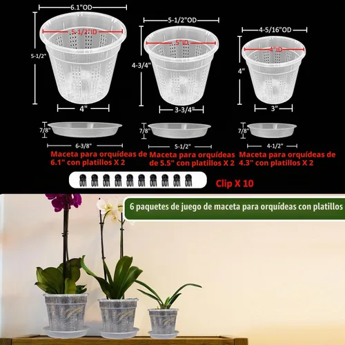 Vista 7 de Maceta de orquídeas con platillos, paquete de 6 macetas de orquídeas con agujeros, 2 macetas de plástico transparente de 4.3 pulgadas, 5.5 pulgadas