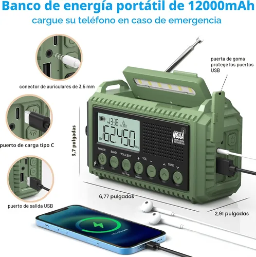 Vista 3 de Eoxsmile NOAA - Radio meteorológica de 12000 mAh, radio de emergencia con manivela manual, solar, funciona con pilas, radio portátil de onda corta