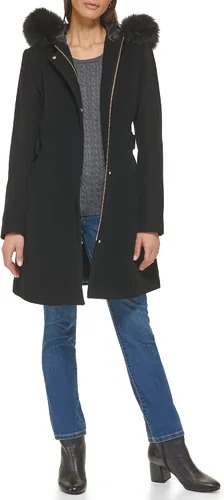 Vista 4 de Cole Haan Abrigo con capucha para mujer de lana con ribete de piel sintética desmontable
