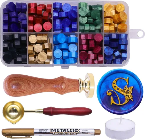 Vista 23 de SWANGSA Kit de sellos de cera del alfabeto, diseño de mariposa vintage, 26 letras A-Z con 2 asas de madera, kit de regalo para invitación de boda