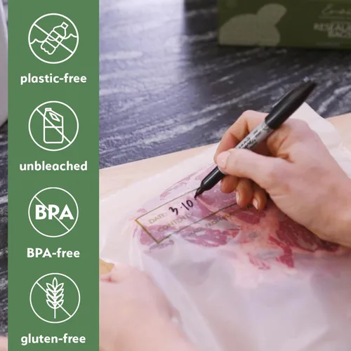 Vista 2 de Bolsas de almacenamiento de alimentos 100% compostables [Paquete de 50 galones] Bolsas de congelador ecológicas, bolsas resellables, resistentes
