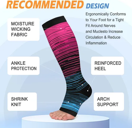 Vista 4 de Paquete de 3 calcetines de compresión de cobre para mujeres y hombres, 20-30 mmHg con punta abierta hasta la rodilla, medias altas para soporte