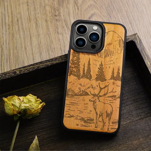 Vista 8 de Carveit Funda magnética de madera para iPhone 14 Pro, madera natural y TPU suave negro, funda protectora a prueba de golpes, funda de madera única