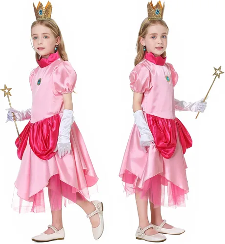 Vista 2 de Antbutler Disfraz de melocotón para niñas, vestido de durazno de súper princesa, disfraz de Halloween con corona de accesorios