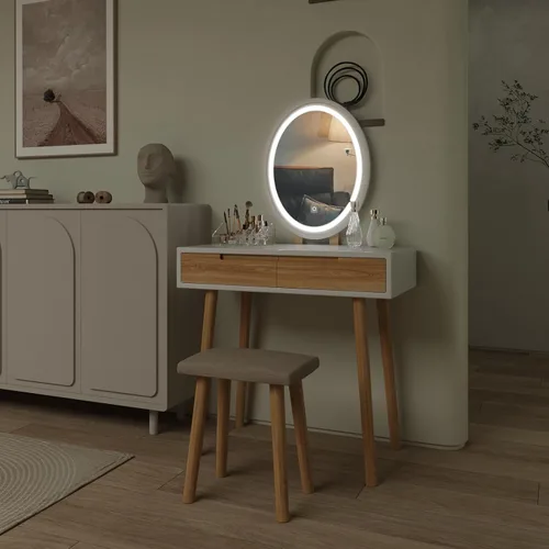 Vista 2 de YOURLITE Escritorio de Tocador de Maquillaje con Luces, Tocador Pequeño con Espejo de Brillo Ajustable para Espacios Pequeños, Escritorio de Tocador