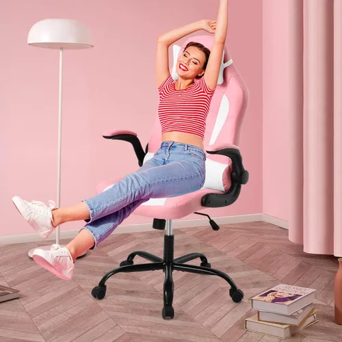 Vista 5 de Silla de oficina en casa, linda silla de juegos Kawaii rosa para niña, ergonómica, escritorio de carreras, oficina, ajustable, con respaldo alto