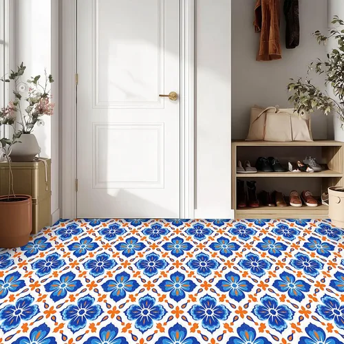 Vista 5 de IVN 10 azulejos de suelo de 12 x 12 pulgadas, diseño geométrico floral azul y naranja, autoadhesivas, removibles, autoadhesivas, calcomanías