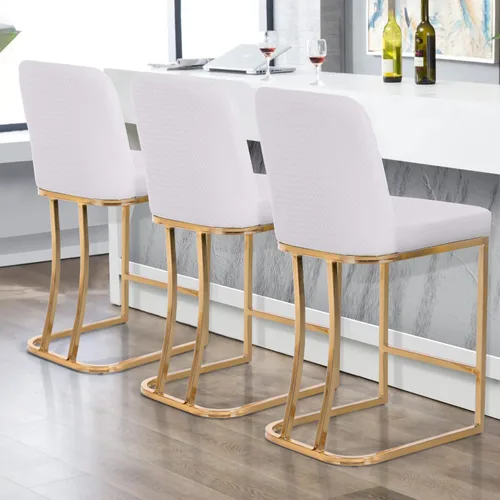 Vista 23 de Juego de 2 taburetes de bar de altura de mostrador de color blanco cremoso de 24 pulgadas, modernos taburetes de bar dorados con respaldo tapizado