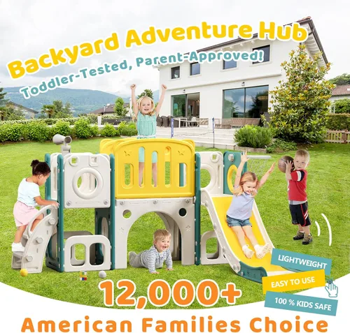 Vista 3 de Juego de toboganes 8 en 1 para niños pequeños, tobogán para niños pequeños, juego de tobogán escalador con aro de baloncesto, patio de juegos al