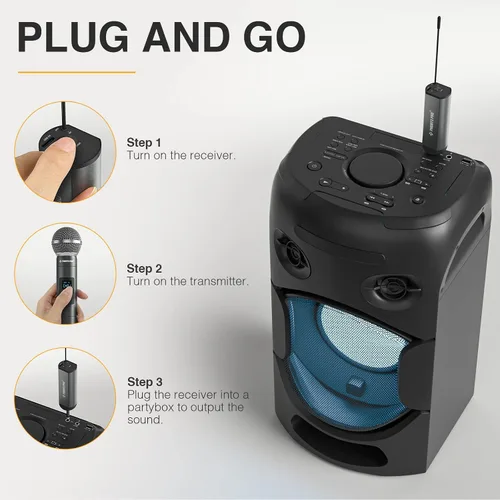 Vista 3 de Phenyx Pro Sistema de micrófono inalámbrico digital dual, con 2 micrófonos dinámicos de mano, 15 grupos de frecuencia UHF, mini receptor, micrófono