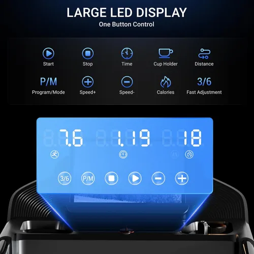 Vista 3 de Cintas de correr para el hogar con 16% de inclinación y pantalla LED, cinta de correr plegable de 7 capas que absorbe los golpes con barra de mango