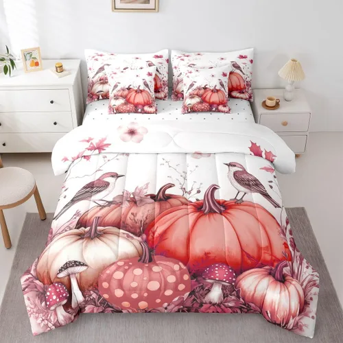 Vista 11 de Feelyou Fall Pumpkin Comforter Set with Sheets 7 Piece Twin Size Autumn Bed in a Bag Kids Boys Girls Pumpkin Maple Leaf Bedding Set Hummingbird Beig