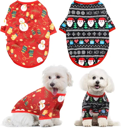 Vista 8 de HYLYUN Paquete de 2 camisetas de Navidad para perros pequeños, ropa para Rojo + negro