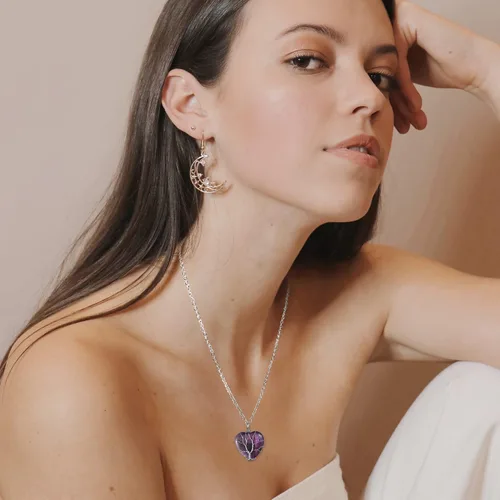 Vista 3 de Top Plaza - Collar de cuarzo rosa natural curativo con árbol de la vida envuelto en alambre de plata con forma de corazón colgante para mujeres