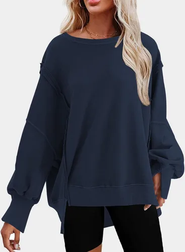 Vista 2 de SHEWIN Sudaderas para mujer, cuello redondo, ligeras, de color liso, a la moda, cálidas, de gran tamaño, para otoño, otoño