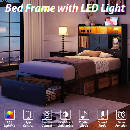 Vista 3 de TIGUBFRE - Base de cama individual con cabecera de almacenamiento, base de cama de madera estilo granja tamaño individual con 3 cajones, luz LED