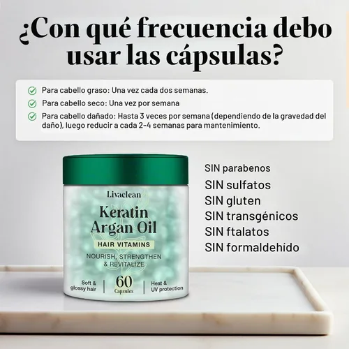 Vista 6 de LivaClean Cápsulas de suero capilar de 60 CT para cabello encrespado, dañado, vitaminas para el cabello, queratina y aceite de argán con biotina