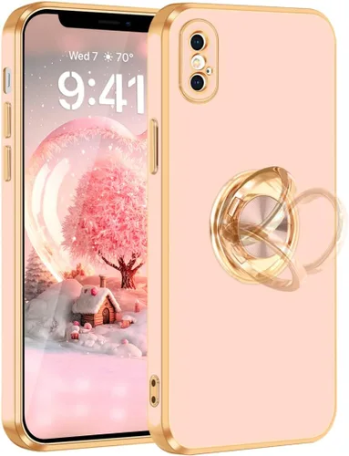 Vista 12 de Fingic Funda para iPhone X, iPhone Xs con soporte de anillo, soporte magnético giratorio de 360°, chapado en oro, borde dorado, delgada, suave, TPU