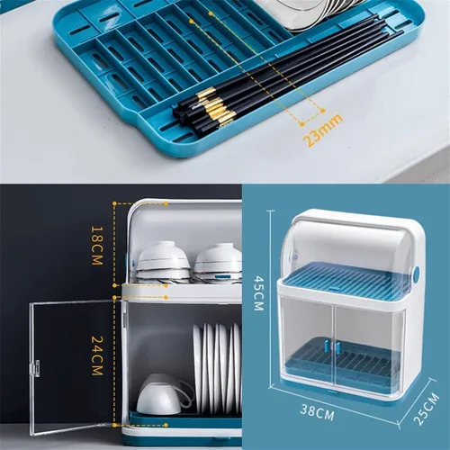 Vista 7 de Escurridor de platos de 2 niveles con cubierta de tapa, cubierta transparente contra el polvo para platos de cocina, vasos, bandeja para secar