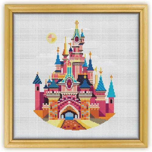 Vista 2 de Sleeping Beauty Castle K492 - Kit de punto de cruz con conteo #2. Hilos, agujas, tela, cortaúñas, enhebrador de agujas y patrón impreso