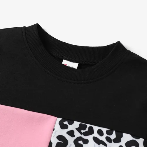 Vista 5 de PATPAT Conjunto de 2 piezas para niñas, camiseta de bloque de color de leopardo, camiseta de cuello redondo, leggings negros, pantalones deportivos