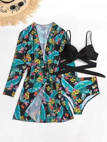 Vista 4 de Floerns Conjunto de bikini de 3 piezas para mujer con push up halter y kimono