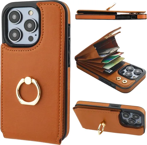 Vista 20 de Folosu Funda tipo billetera compatible con iPhone 14 con soporte para tarjetas, soporte de anillo para dedo con rotación de 360° y función atril