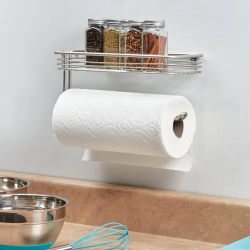 Vista 3 de iDesign Classico - Toallero de acero para colgar en la pared con estante dispensador de toallas de papel para cocina, baño, lavandería, garaje