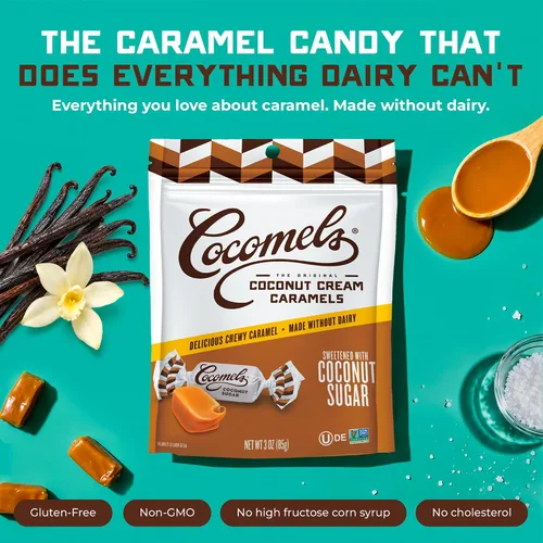 Vista 3 de Cocomels Caramelos de leche de coco con azúcar de coco, dulces orgánicos, sin lácteos, sin azúcar, veganos, sin gluten, sin OMG, sin azúcar de caña