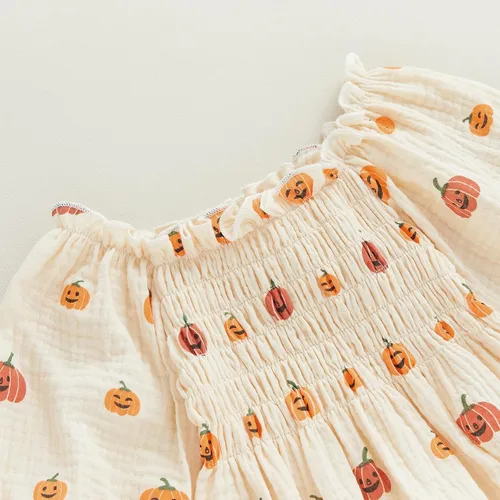 Vista 4 de Ropa de Halloween para bebé niña, lindo mameluco de calabaza de algodón y lino de manga larga, overol de otoño