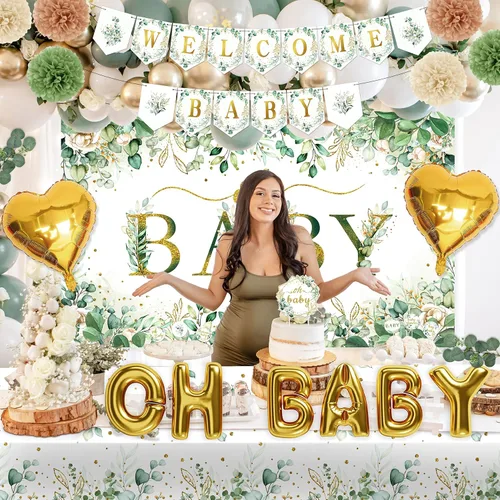 Vista 5 de Decoración de baby shower verde salvia para niñas y niños, 99 piezas, suministros de fiesta neutros con mantel de telón de fondo Oh Baby, kit
