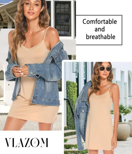 Vista 4 de Vlazom Vestido completo para mujer, con tirantes delgados ajustables, básico, para debajo del vestido, camisola, minivestido de noche, S-XXL