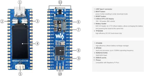 Vista 7 de RP2040-LCD-0.96-M Mini Board MCU de alto rendimiento similar a Pico-Like con cabecera pre-soldada basada en el microcontrolador Raspberry Pi RP2040